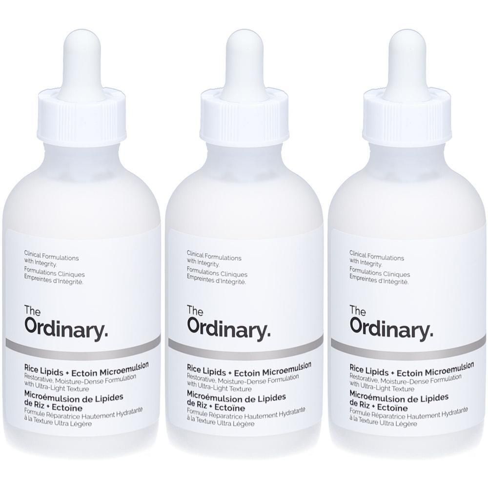 Trois flacons The Ordinary Rice Lipids + Ectoin Microemulsion avec bouchon compte-gouttes.
