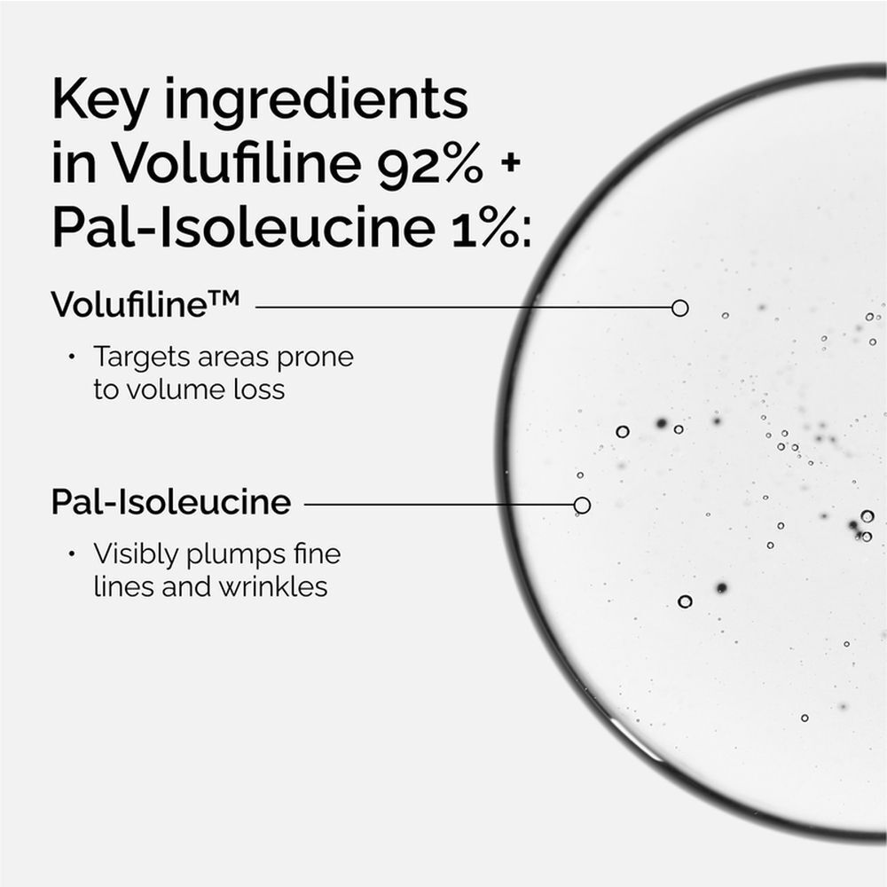 Gros plan d'un liquide avec des bulles. Le texte explique les ingrédients : Volufiline et Pal-Isoleucine.