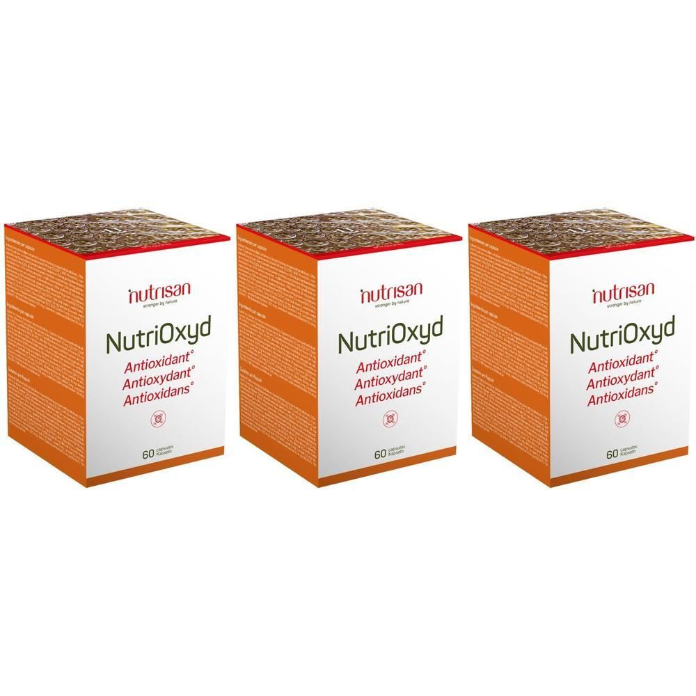 Drie dozen Nutrisan NutriOxyd, Antioxidant. Witte voorkant met oranje zijkanten.