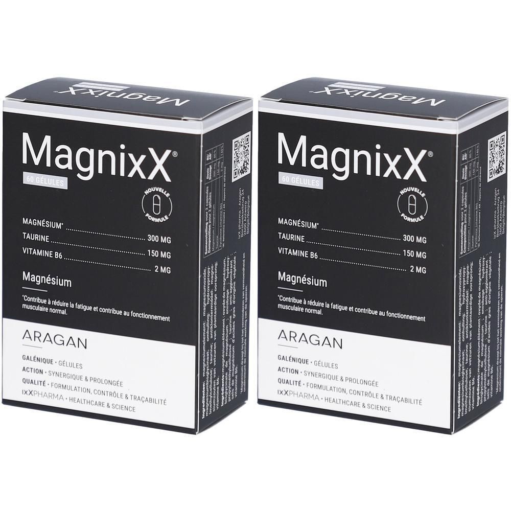 Deux boîtes de compléments alimentaires MagnixX contenant magnésium, taurine et vitamine B6.