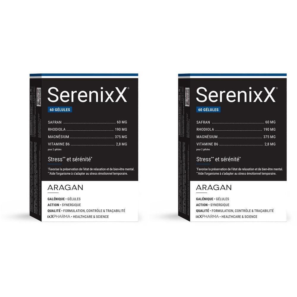 Deux boîtes de SerenixX, 60 gélules chacune. Contient safran, rhodiola et magnésium.