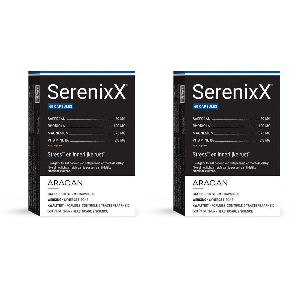 Twee verpakkingen SerenixX van 60 capsules. Bevat saffraan, rhodiola en magnesium.