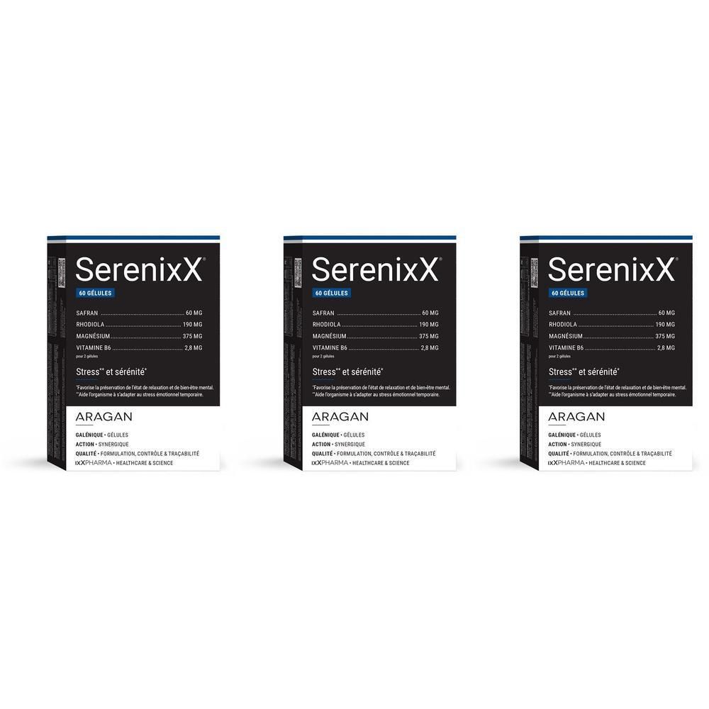 Trois boîtes de capsules SerenixX avec informations sur les ingrédients et le dosage.