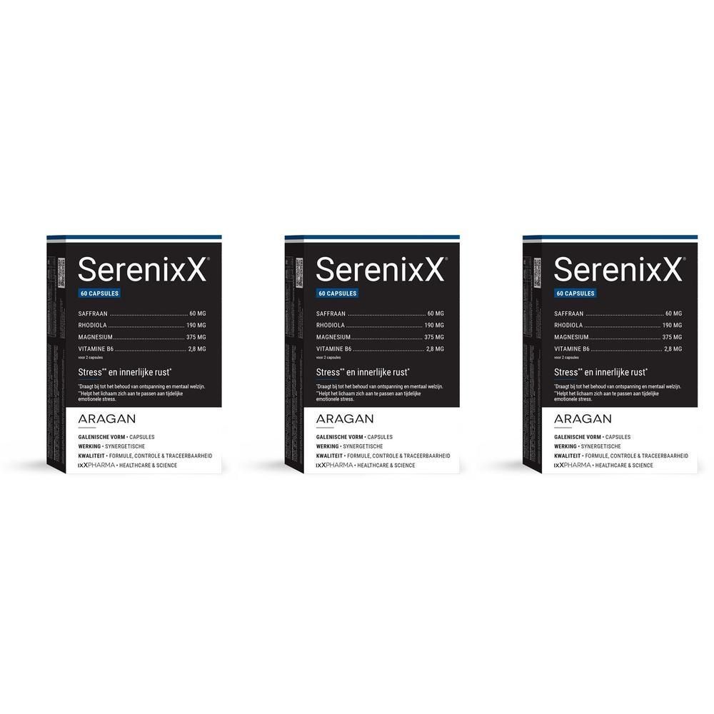 Drie verpakkingen SerenixX capsules met informatie over ingrediënten en dosering.