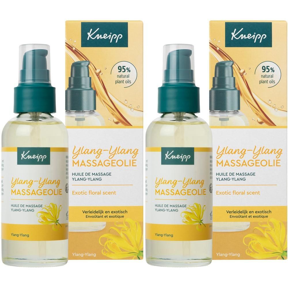 Deux flacons d'huile de massage Kneipp Ylang-Ylang avec pompe et emballage cartonné.