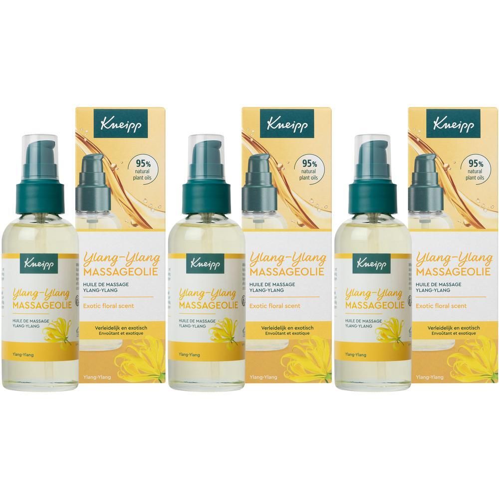 Trois flacons d'huile de massage Kneipp Ylang-Ylang avec pompe et emballage cartonné.