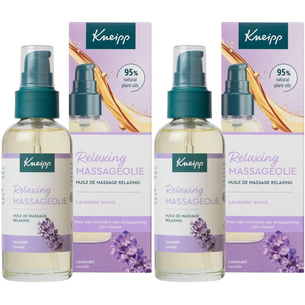 Deux flacons d'huile de massage Kneipp Relaxing parfum lavande avec pompe.