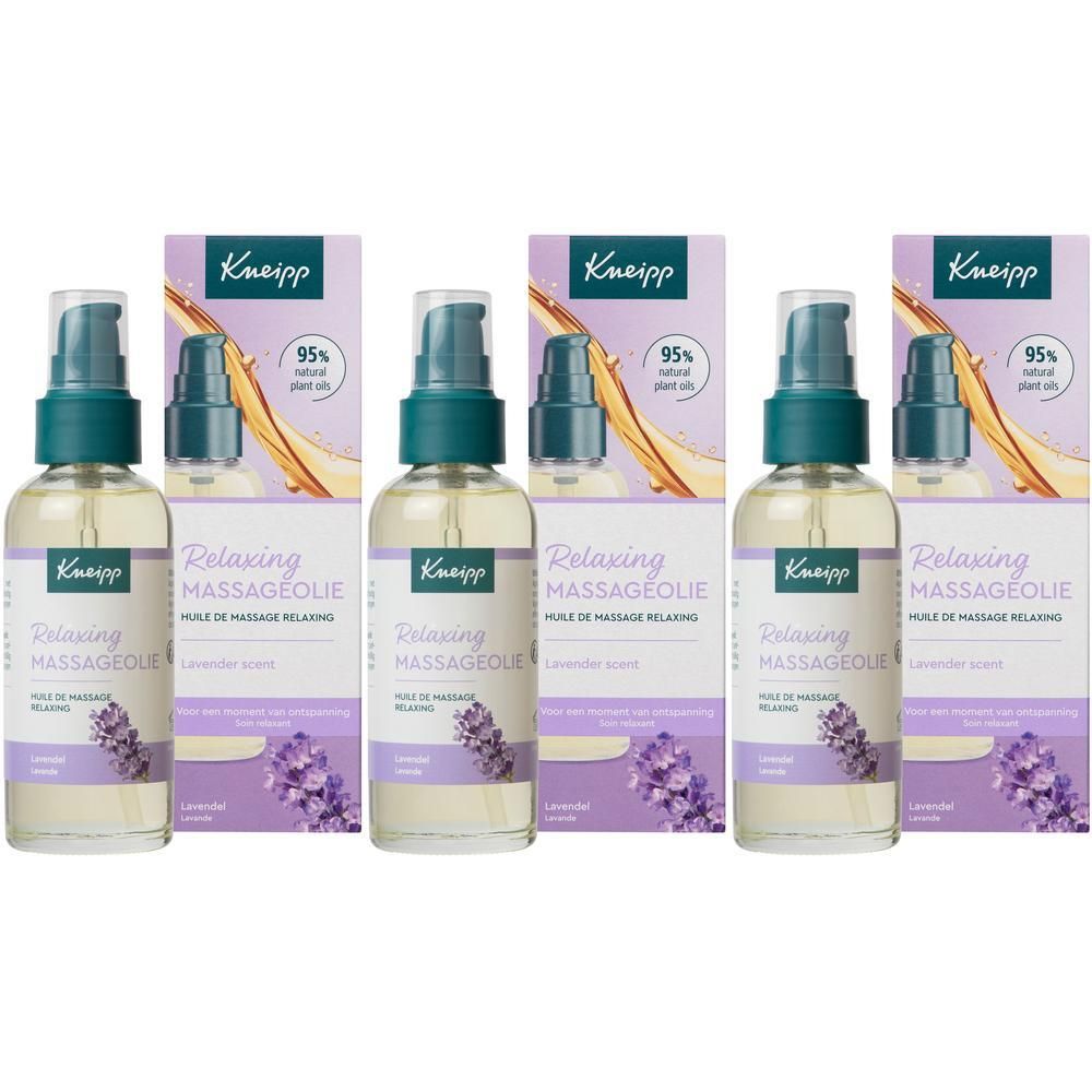 Trois flacons d'huile de massage Kneipp Relaxing parfum lavande, avec pompe.