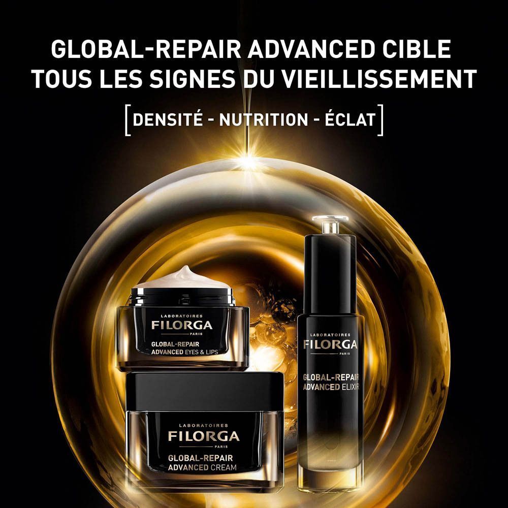 Produits Filorga GLOBAL-REPAIR ADVANCED : Elixir, crème yeux et lèvres, crème visage.
