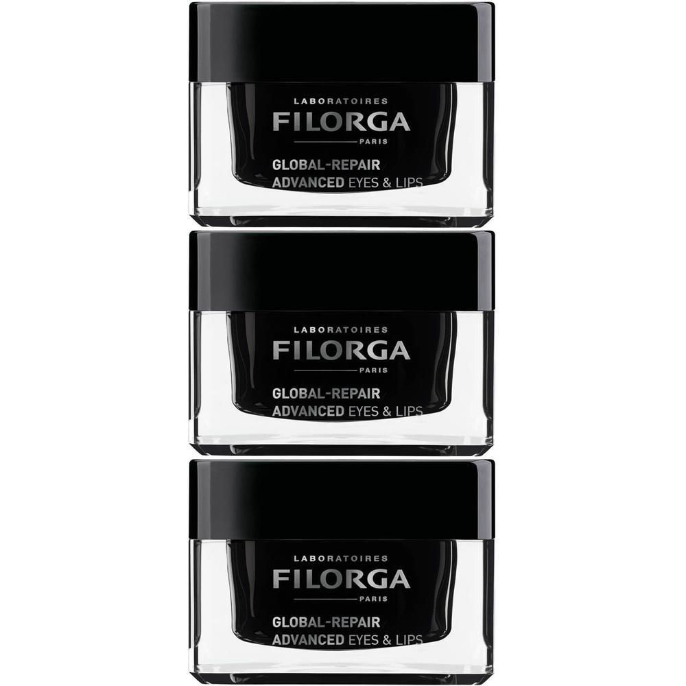 Drie potjes Filorga GLOBAL-REPAIR ADVANCED EYES & LIPS crème.