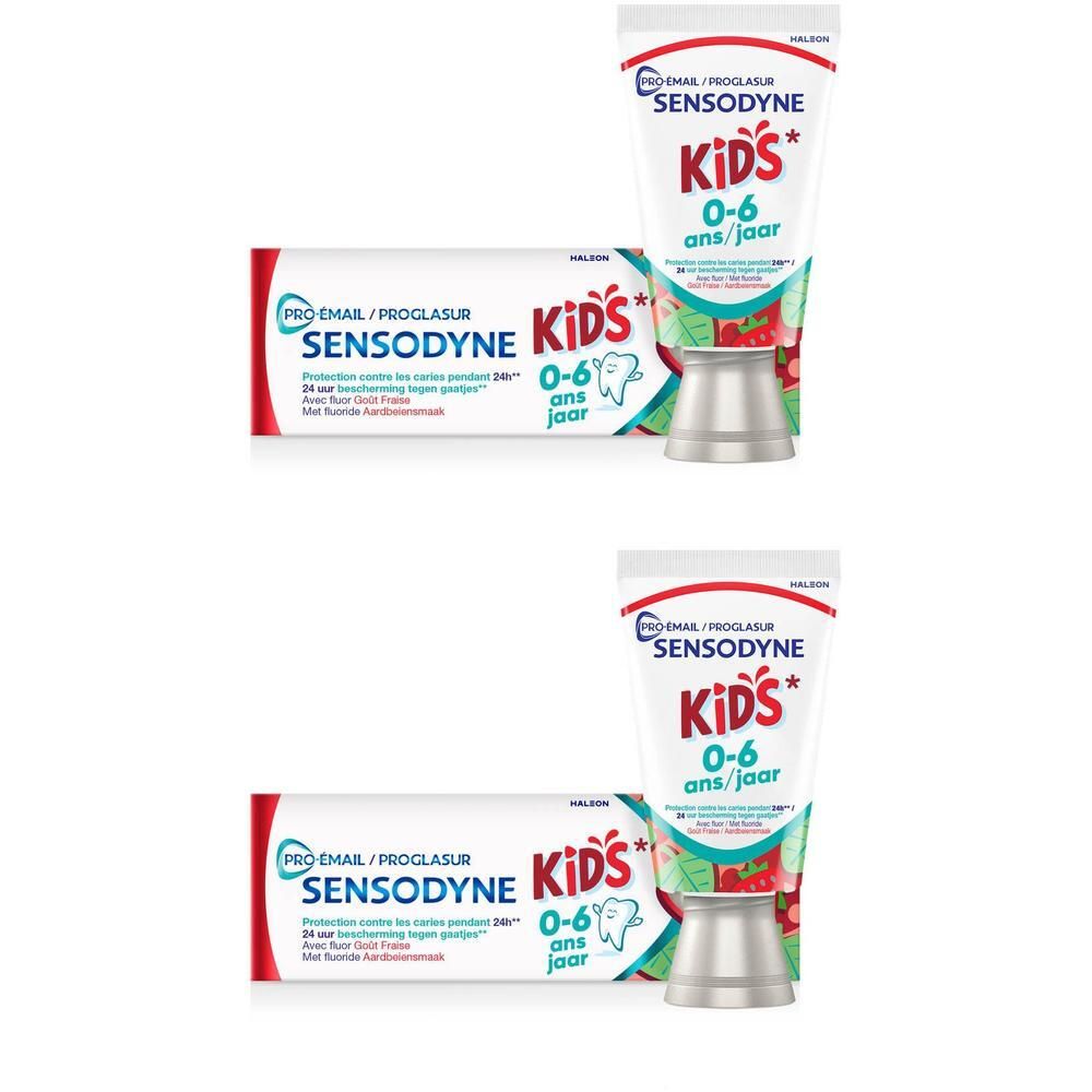 Deux tubes et boîtes de dentifrice Sensodyne Pro-Émail Kids pour enfants de 0 à 6 ans.