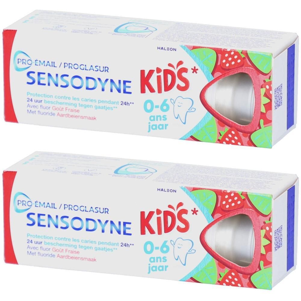 Deux paquets de dentifrice Sensodyne Pro-Email Kids, 0-6 ans, saveur fraise.