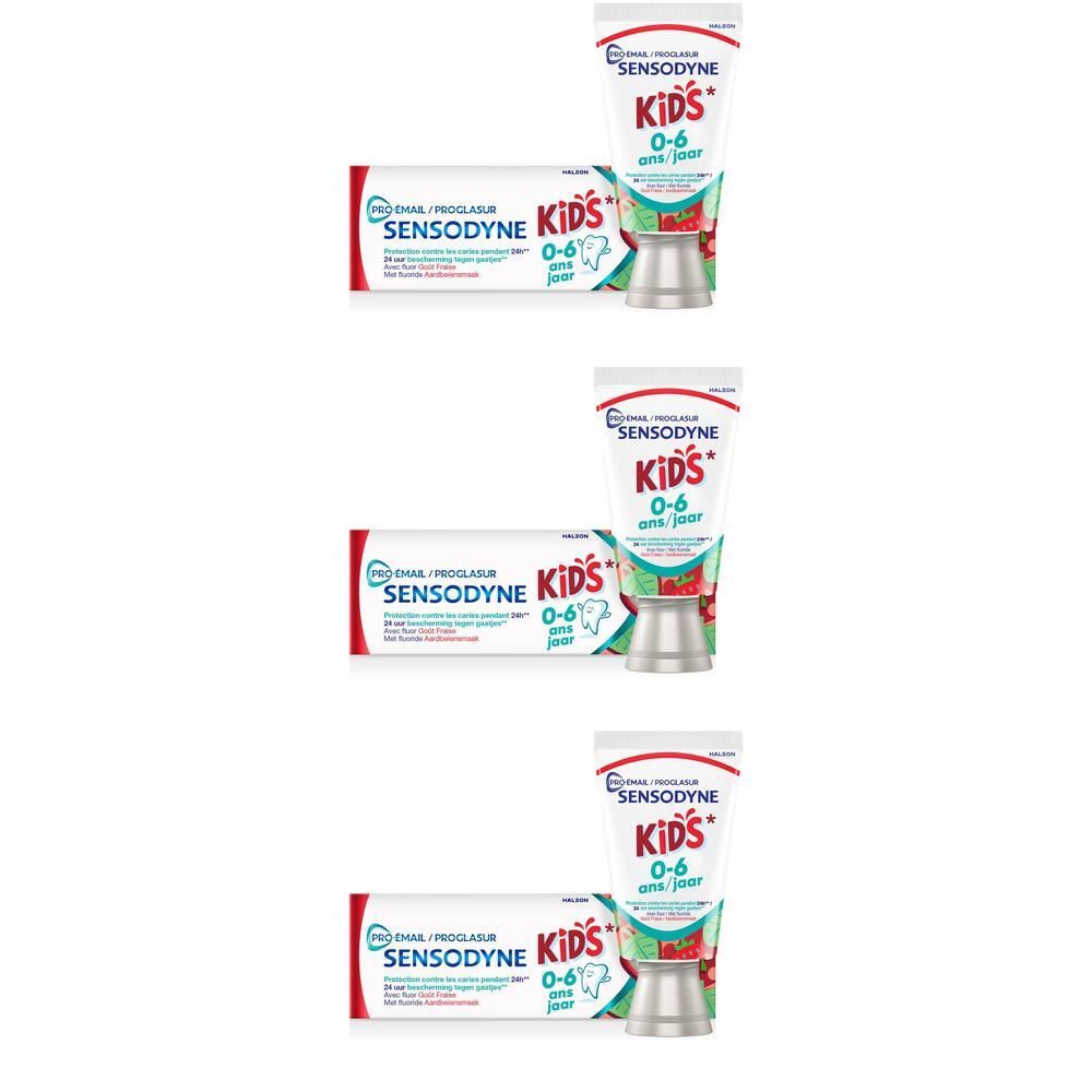 Drie tubes en doosjes Sensodyne Pro-Email Kids tandpasta, 0-6 jaar.