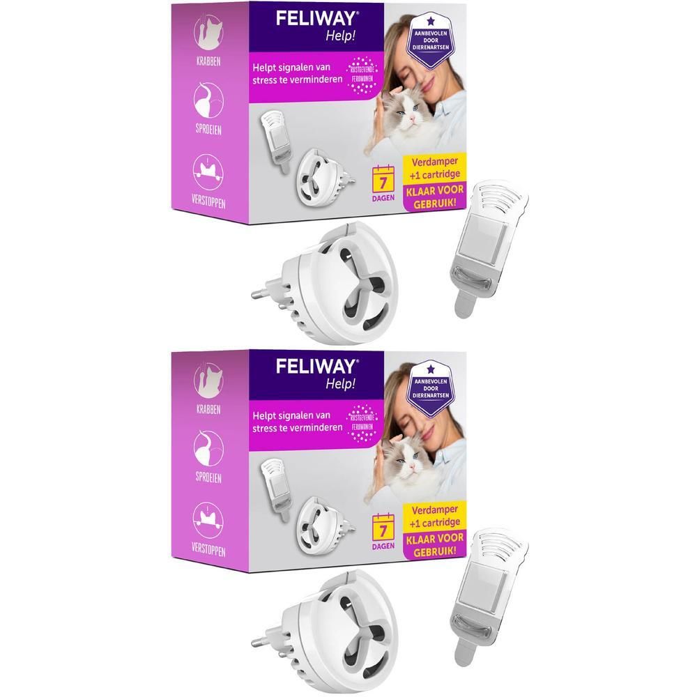Twee FELIWAY Help! diffuser en navulverpakkingen voor katten.