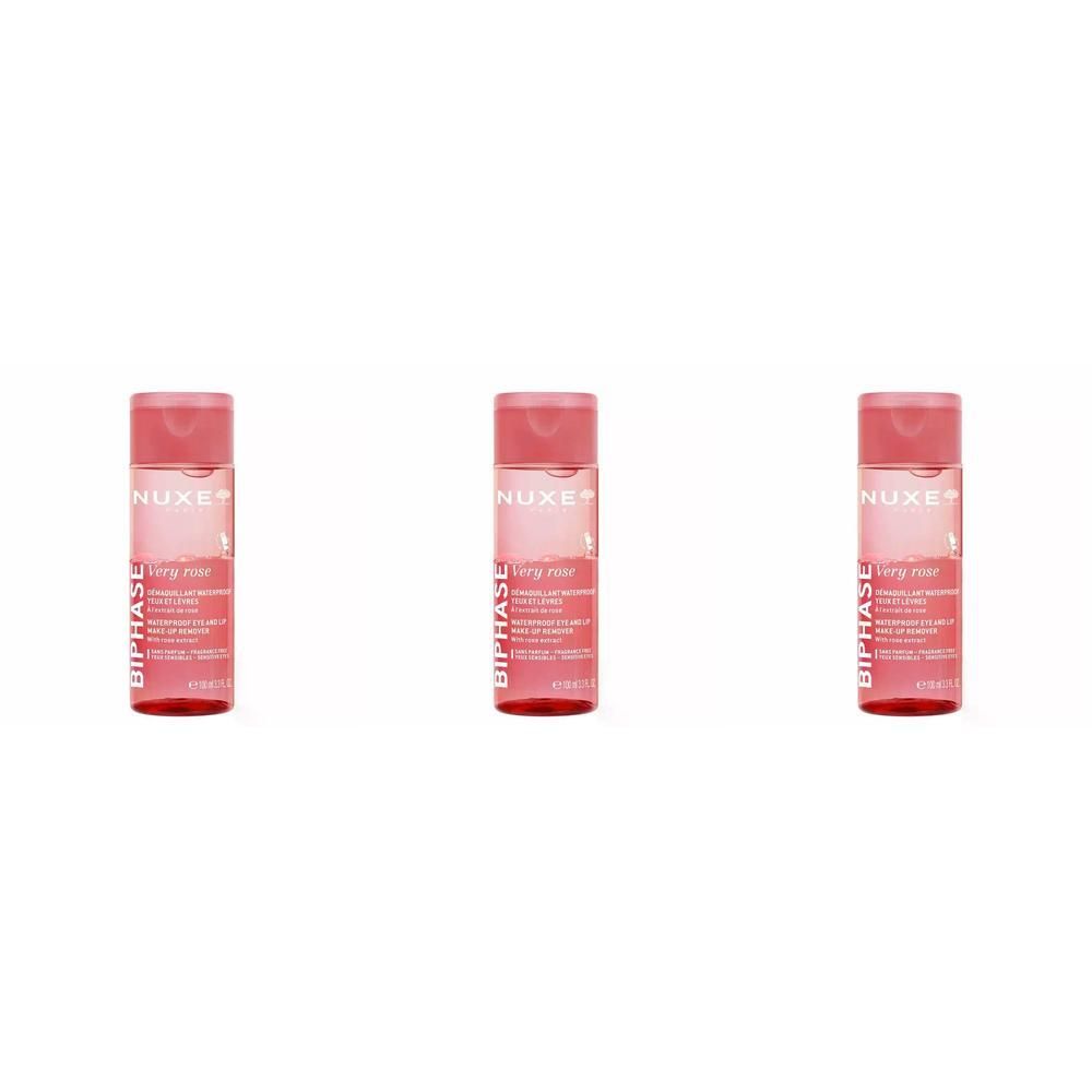 Trois flacons de démaquillant biphasé NUXE Very Rose pour maquillage waterproof.