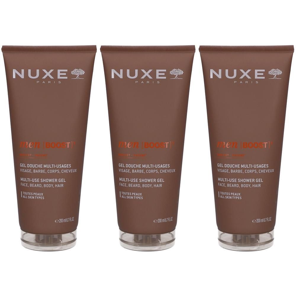 Trois flacons de gel douche Nuxe Men Boost, gel douche multi-usages pour visage, barbe, corps et cheveux.