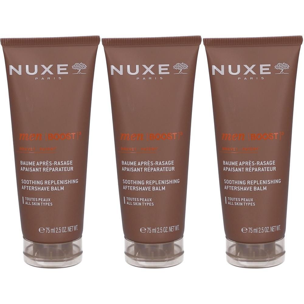 Drie Nuxe Men [BOOST]³ kalmerende, herstellende aftershave balsem tubes, elk 75 ml.