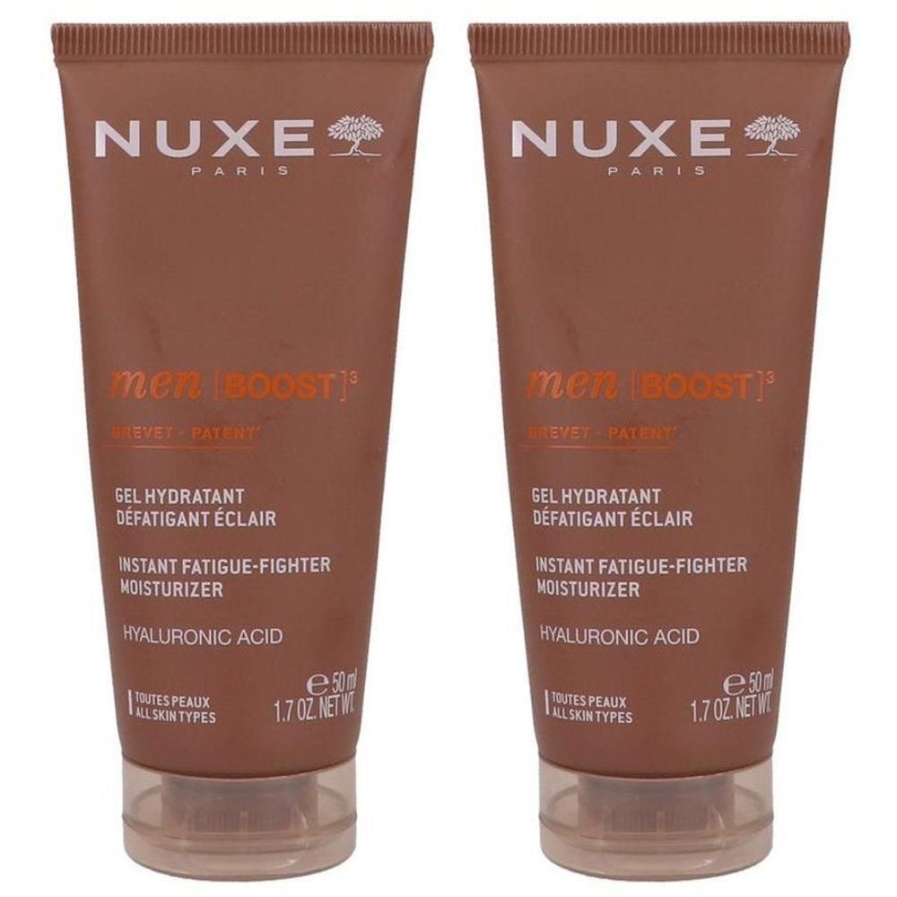 Deux tubes de gel hydratant Nuxe Men Boost à l'acide hyaluronique.