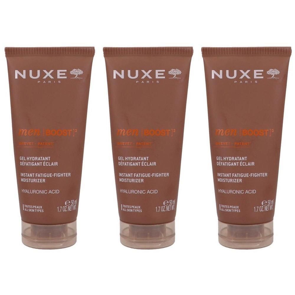 Trois tubes de gel hydratant Nuxe Men Boost avec bouchon transparent.