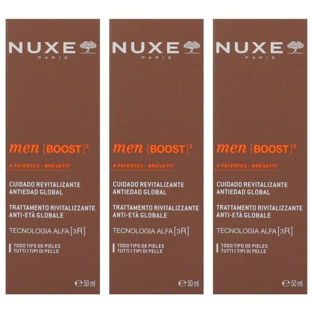 Trois boîtes de Nuxe Men Boost Soin Revitalisant Anti-Âge Global, 50ml.