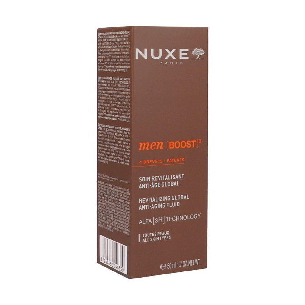 Boîte de Nuxe Men Boost Soin Revitalisant Anti-Âge Global, face avant avec informations produit et mention 50ml.
