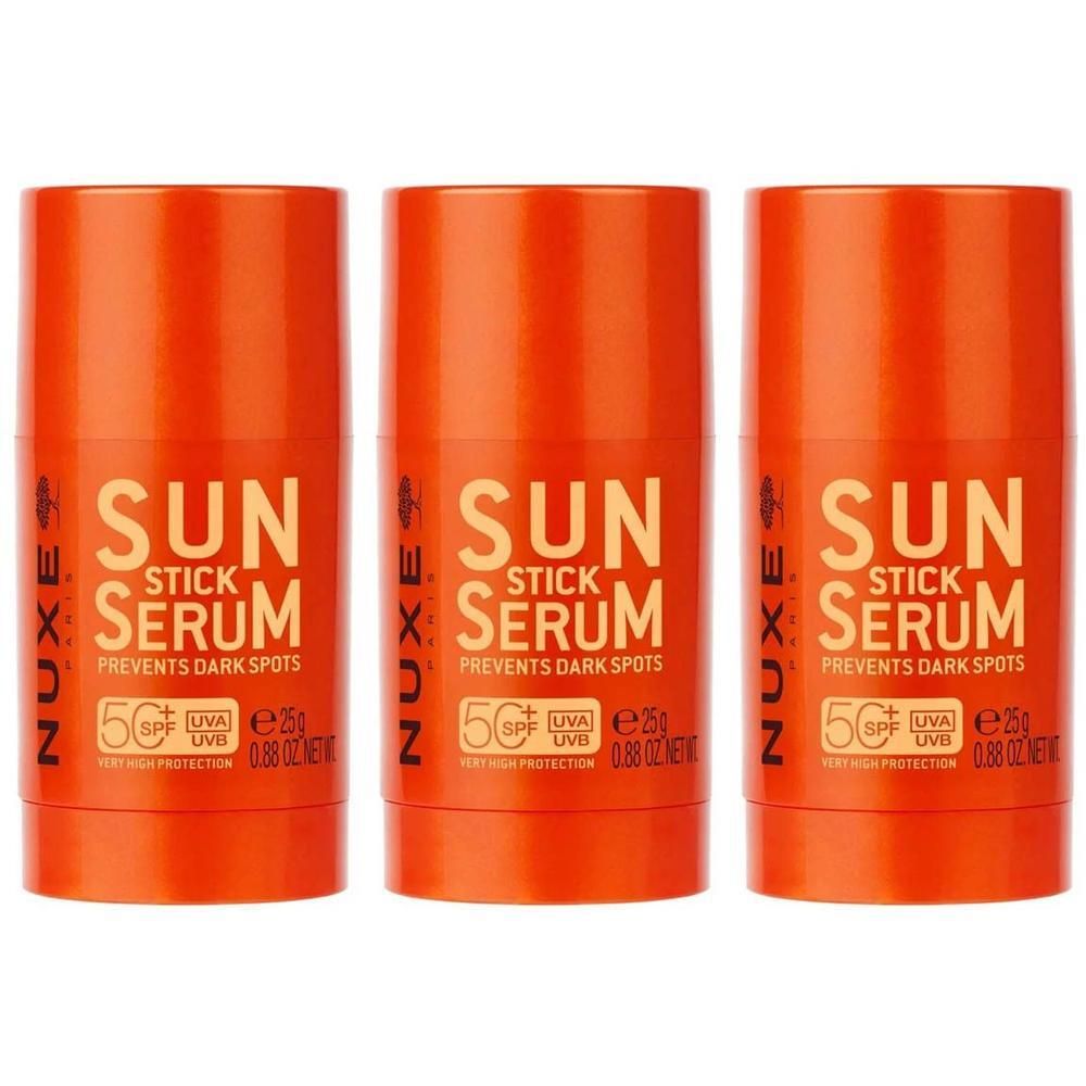 Drie Nuxe Sun Stick Serum Spf50+ sticks. Oranje verpakking met zonnebrandinformatie.