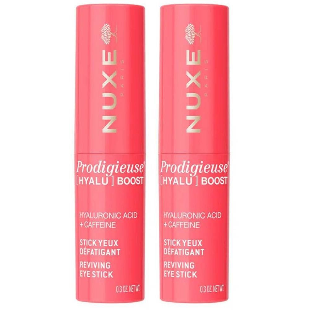 Twee NUXE Prodigieuse anti-vermoeidheid oogsticks met hyaluronzuur en cafeïne.