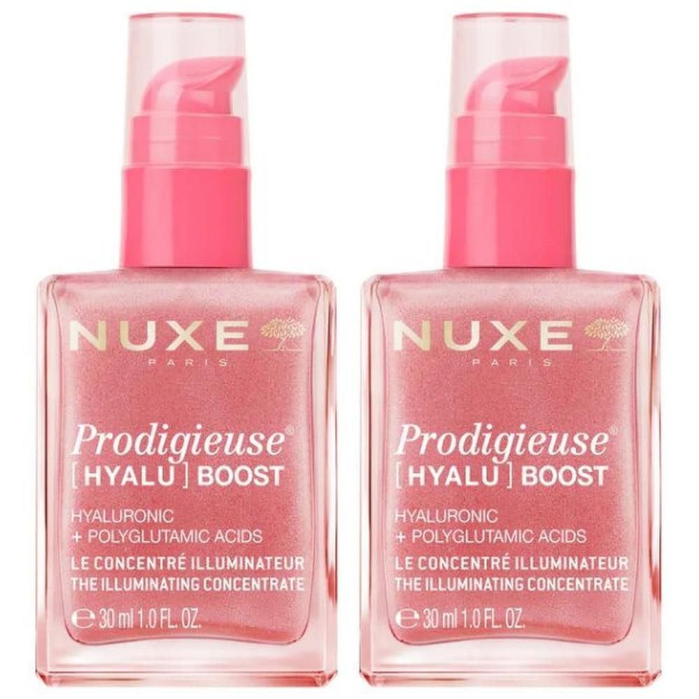 Deux flacons Nuxe Prodigieuse [Hyalu] Boost Concentré Illuminateur avec pompes roses.
