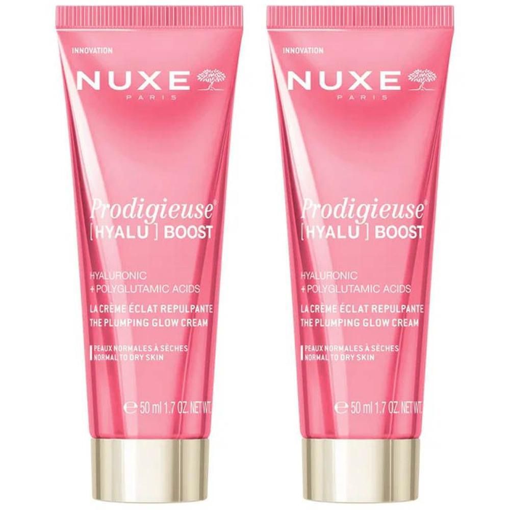 Twee roze tubes NUXE Prodigieuse [HYALU] BOOST Crème met gouden dop. 50 ml.