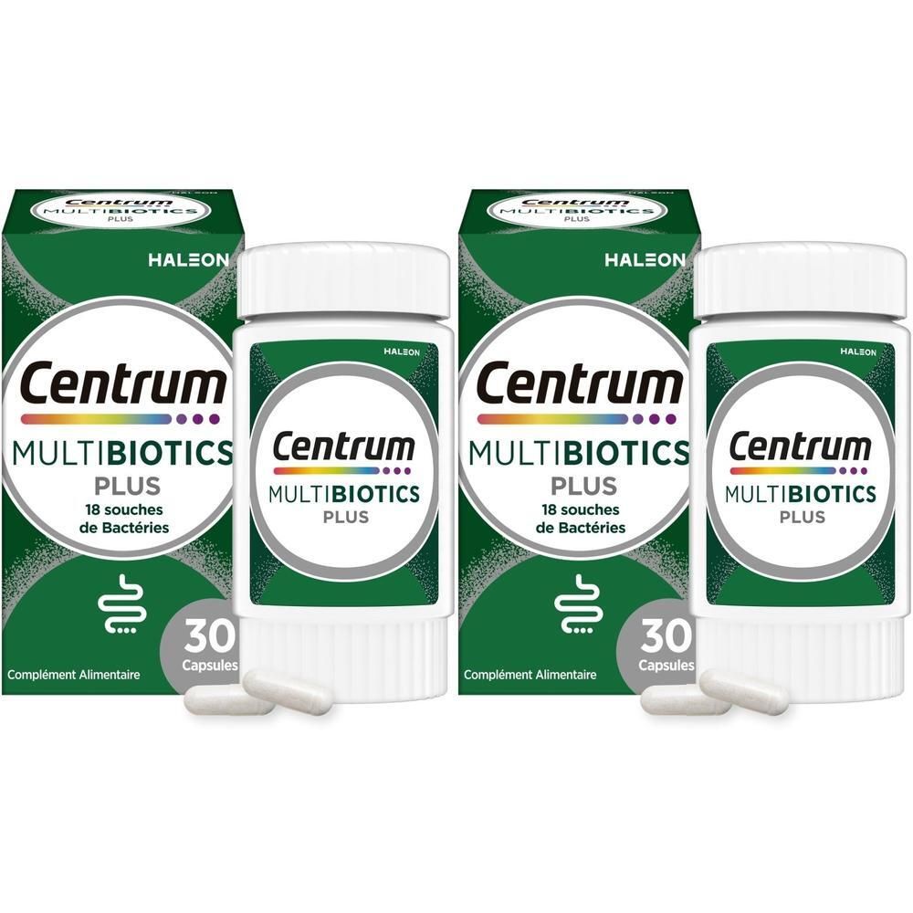Deux paquets de Centrum MultiBiotics Plus, chacun contenant 30 gélules.