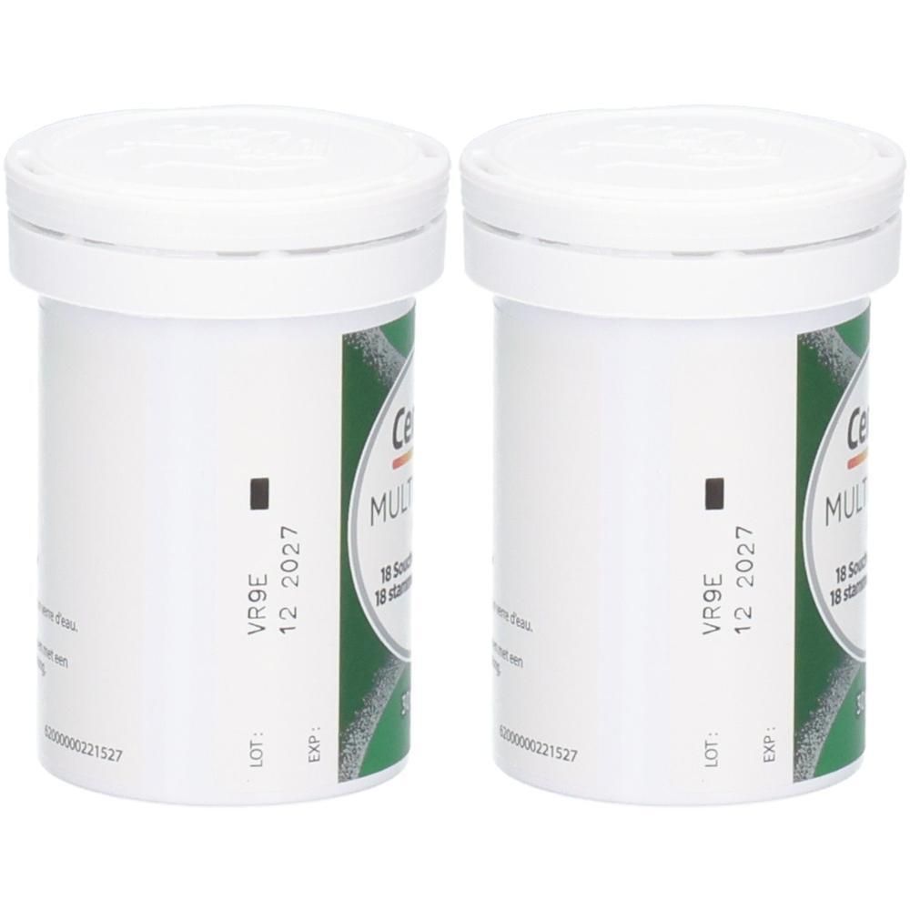 Twee witte potjes met multivitamine tabletten, gelabeld 'Ce MULTI'.
