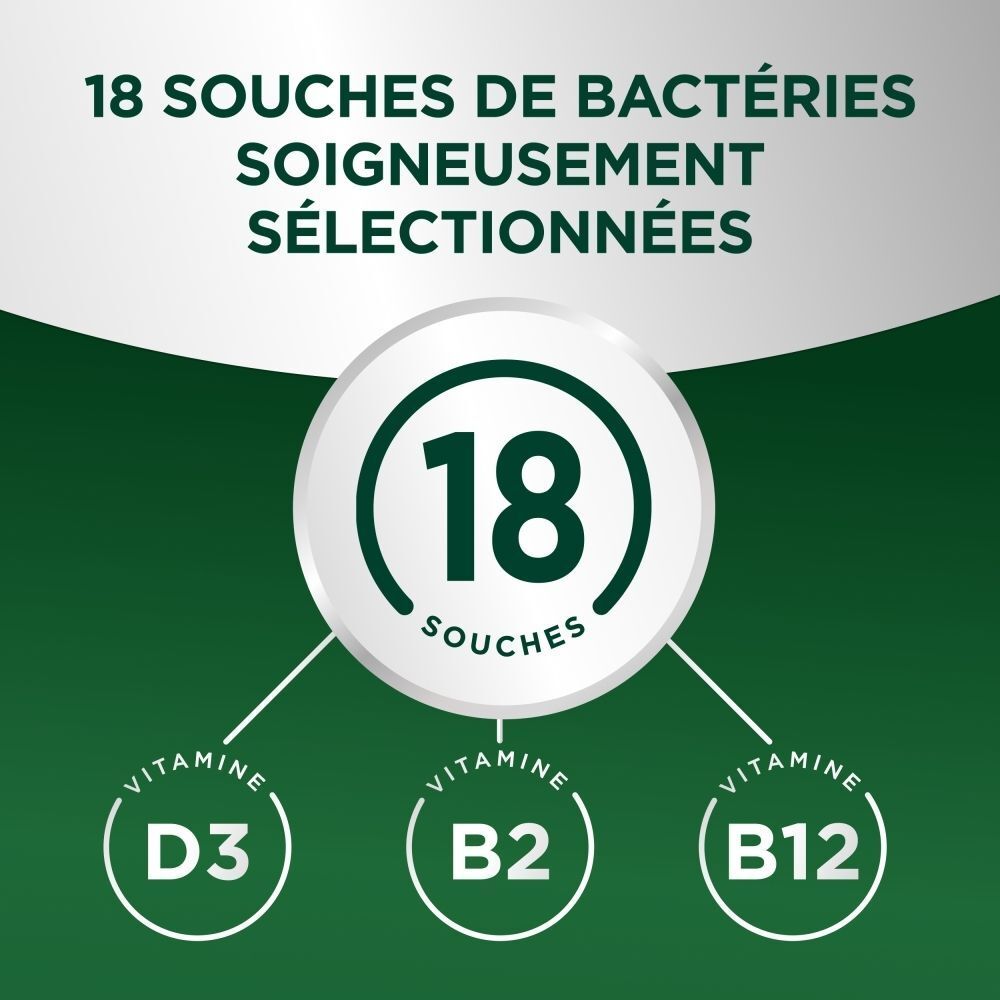 Infographie : 18 souches de bactéries, vitamines D3, B2, B12.
