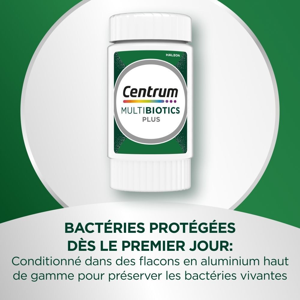 Gélule Centrum MultiBiotics Plus dans un flacon en aluminium.