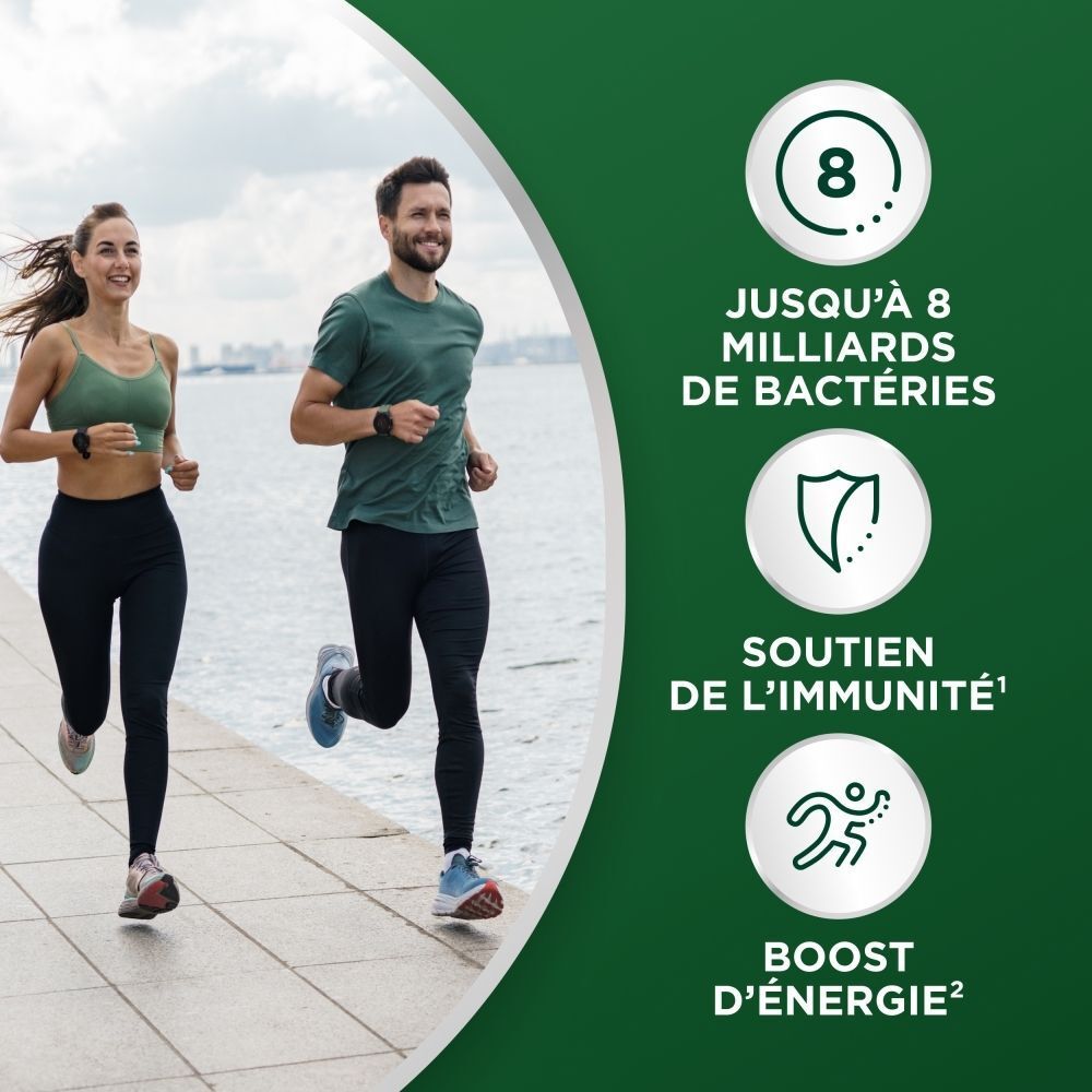 Couple faisant du jogging; Infographie : Jusqu'à 8 milliards de bactéries, immunité, énergie.