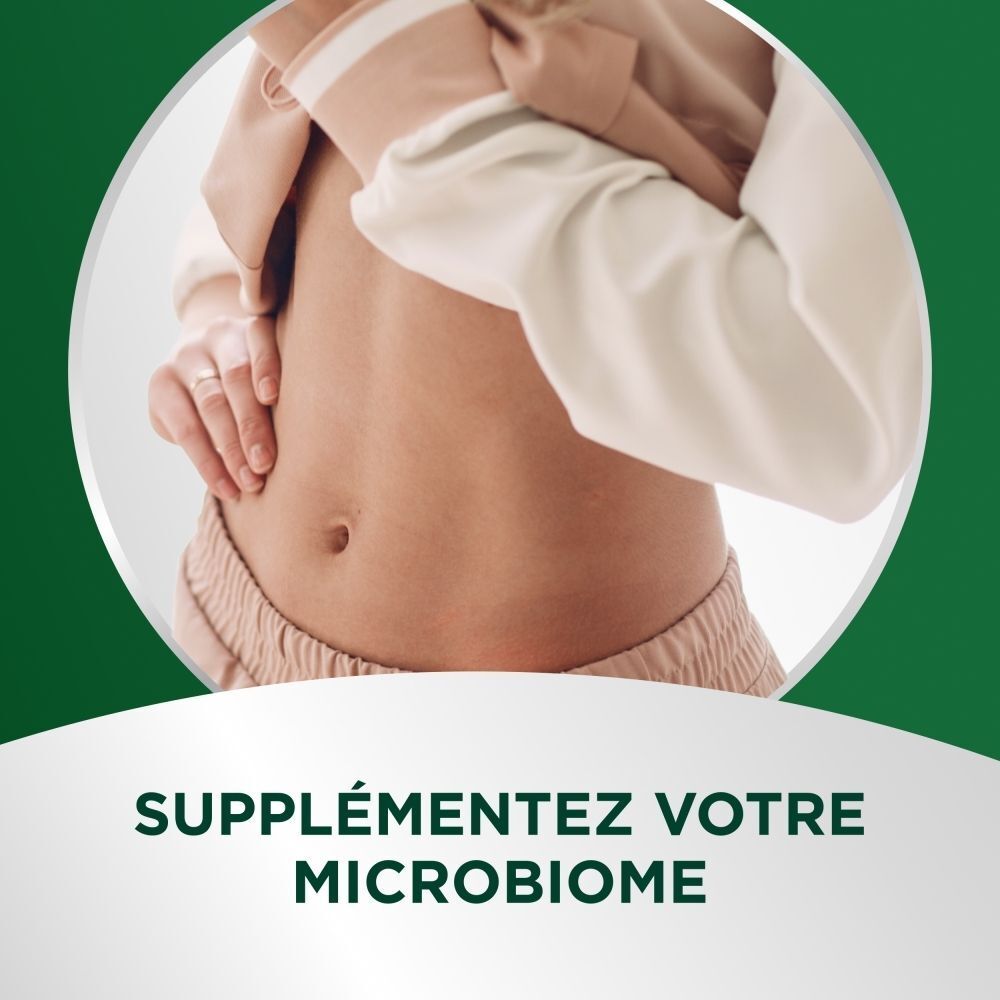 Gros plan d'un abdomen; Texte : Complétez votre microbiome.