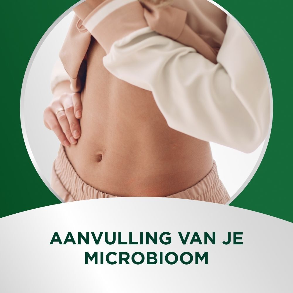 Close-up van een buik; Tekst: Vul je microbioom aan.