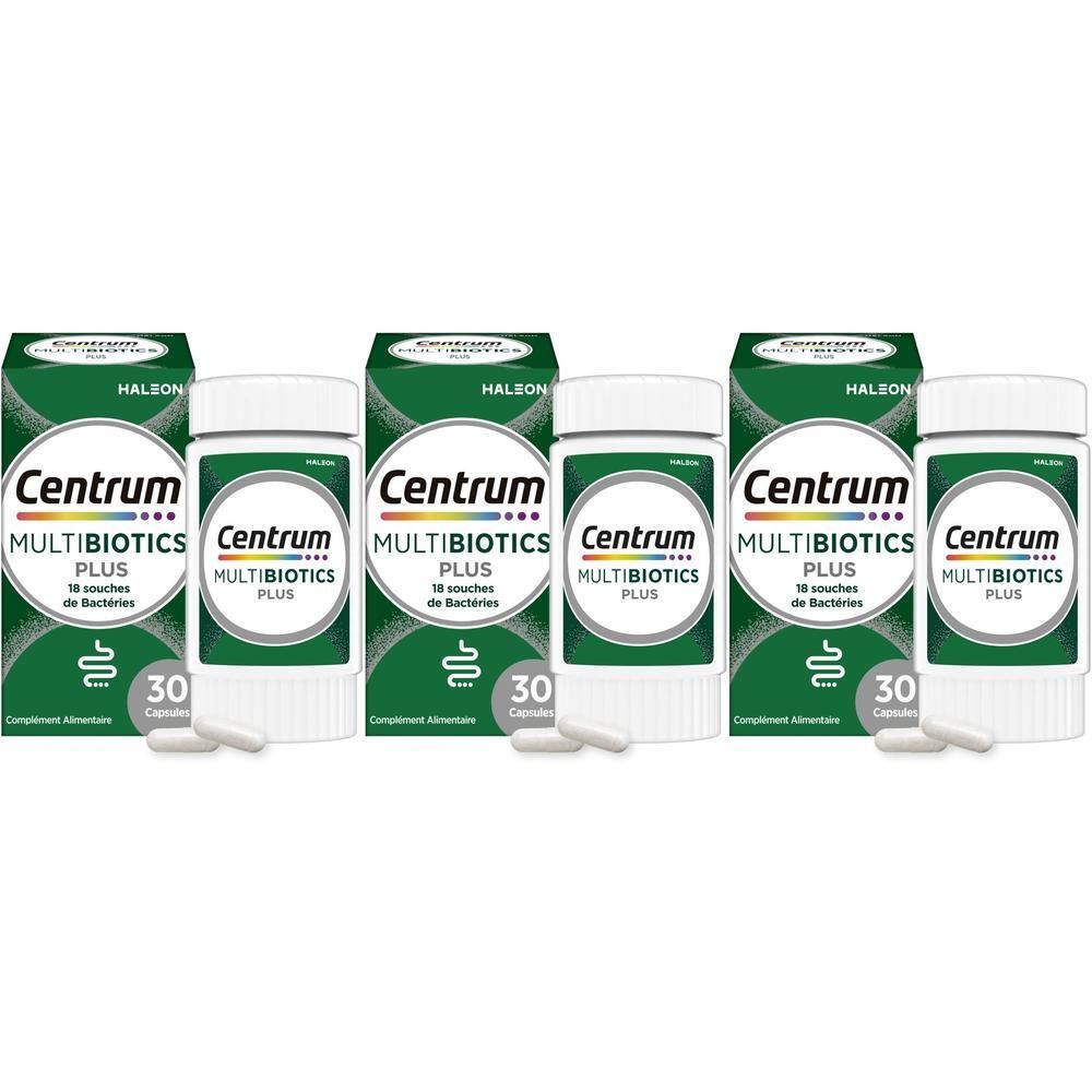Trois boîtes de Centrum Multibiotics Plus, 30 gélules chacune.