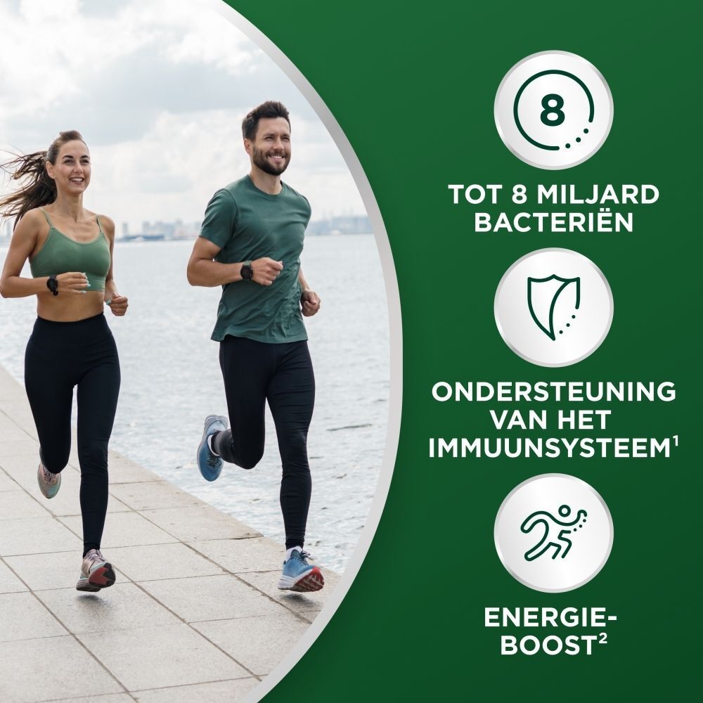 Rennend koppel ondersteund door Centrum Multibiotics Plus voor immuniteit en energie.