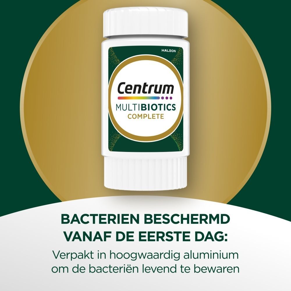 Fles Centrum MultiBiotics Complete 30 capsules, verpakt in aluminium.