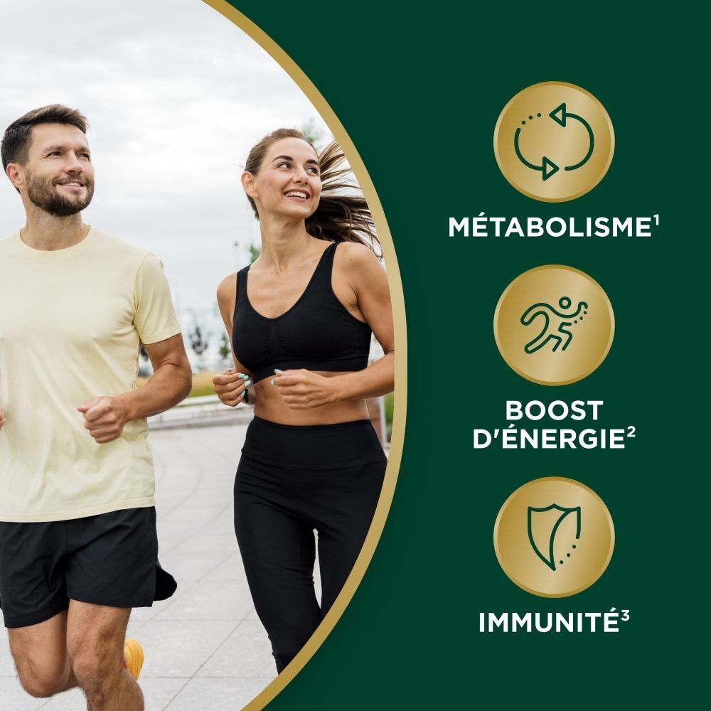 Couple de coureurs avec icônes pour métabolisme, énergie et immunité.