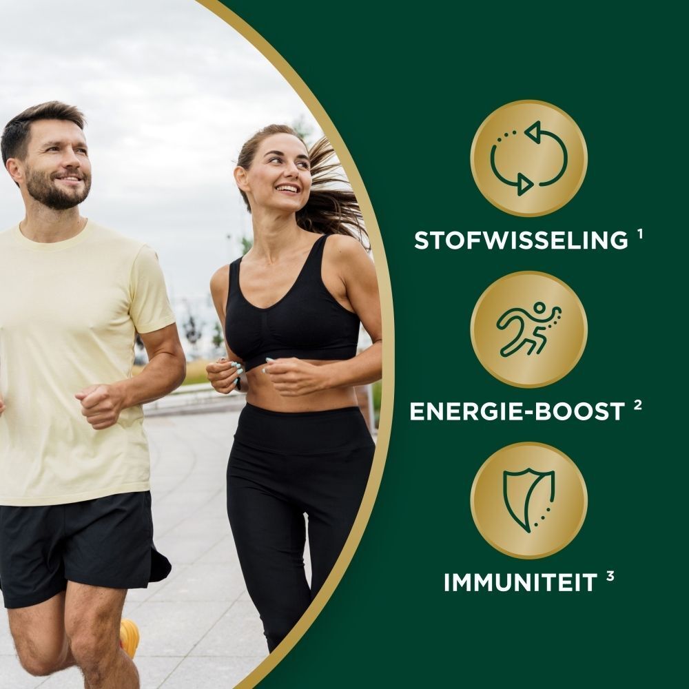 Rennend koppel met iconen voor stofwisseling, energie en immuniteit.