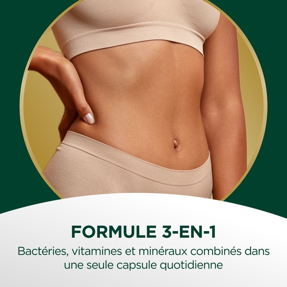Zone abdominale d'une personne avec texte 'Formule 3-en-1'.