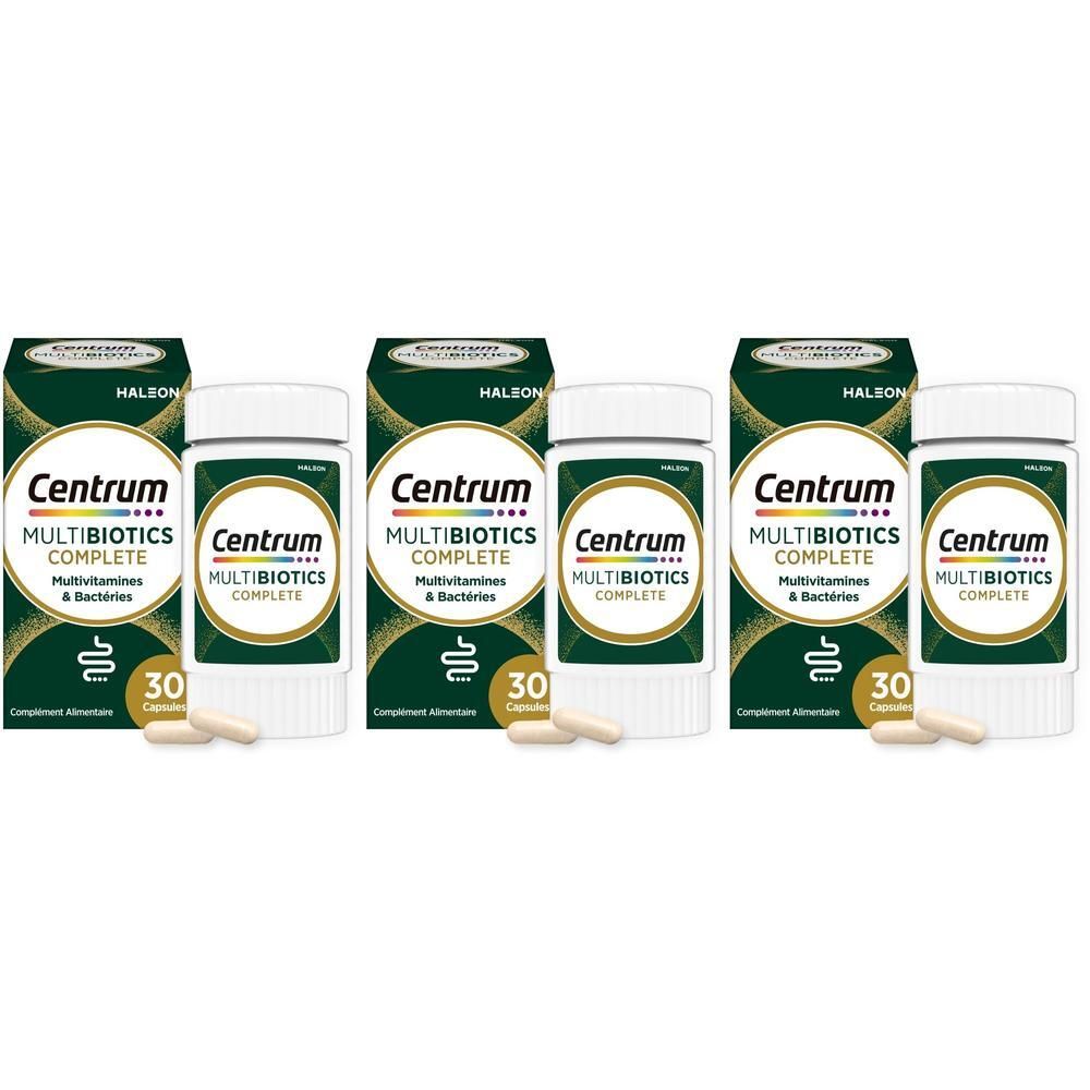 Trois boîtes de Centrum MultiBiotics Complete, 30 gélules chacune.