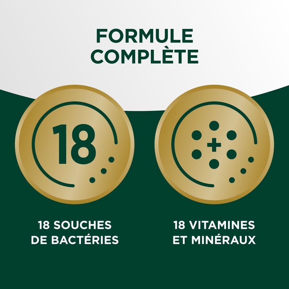 Centrum MultiBiotics Complete : 18 souches de bactéries et 18 vitamines/minéraux.