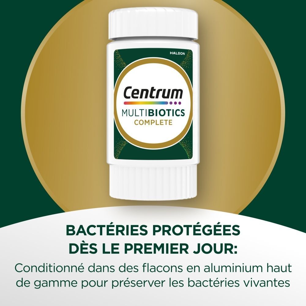 Flacon de Centrum MultiBiotics Complete, protège les bactéries.