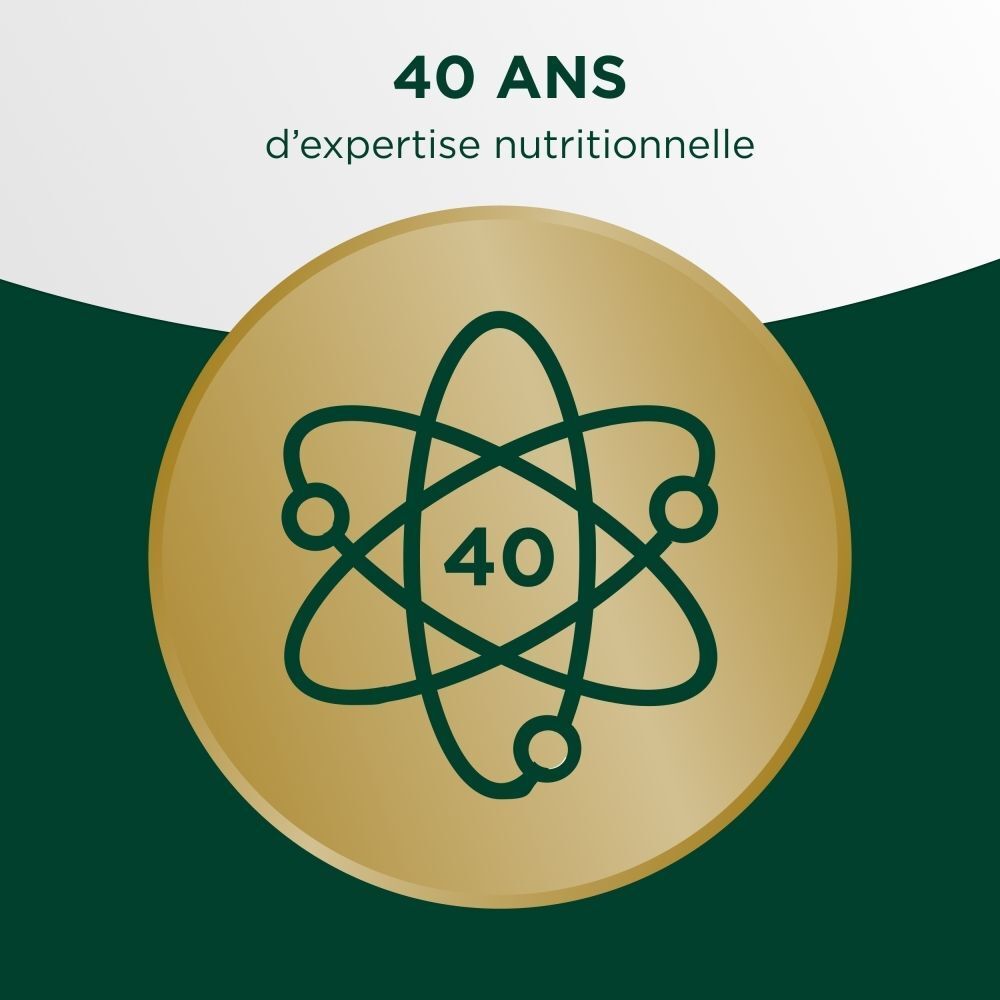 Symbole d'atome avec '40' pour 40 ans d'expertise.