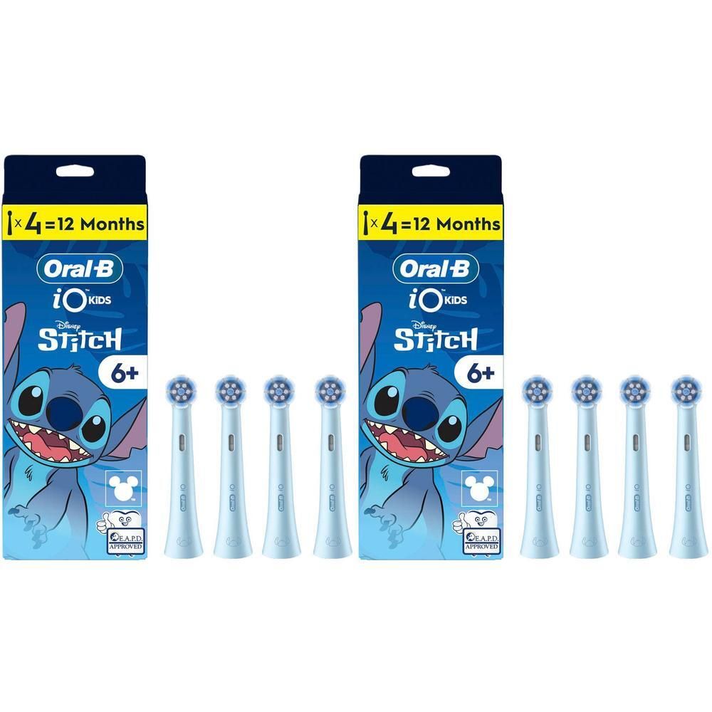 Twee pakken Oral-B iO Kids Disney Stitch opzetborstels, 4 stuks per pak.