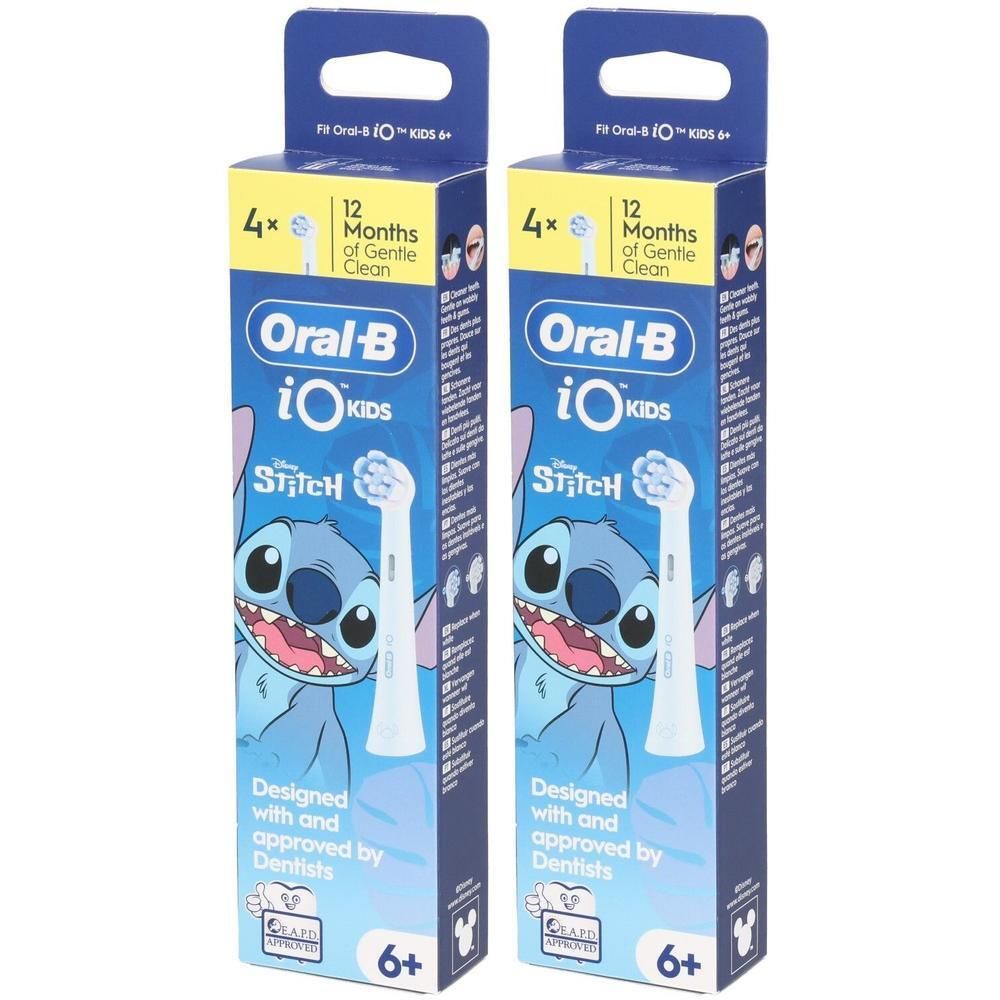 Twee pakken Oral-B iO Kids opzetborstels met Disney Stitch design.