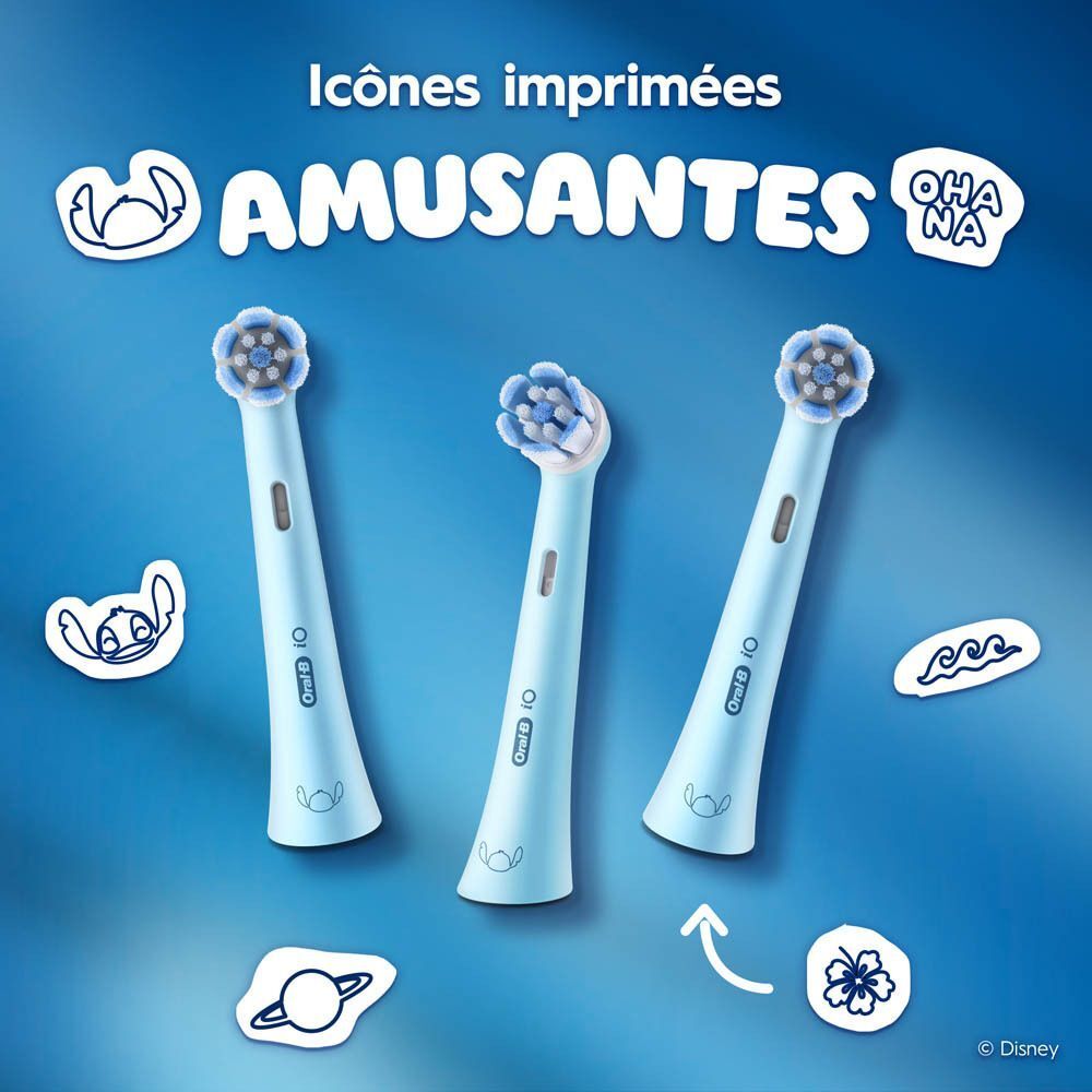 Trois brossettes Oral-B iO Kids Disney Stitch avec des icônes amusantes imprimées.