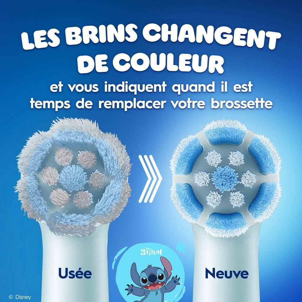 Comparaison de brossettes Oral-B iO Kids usées et neuves, montrant le changement de couleur.